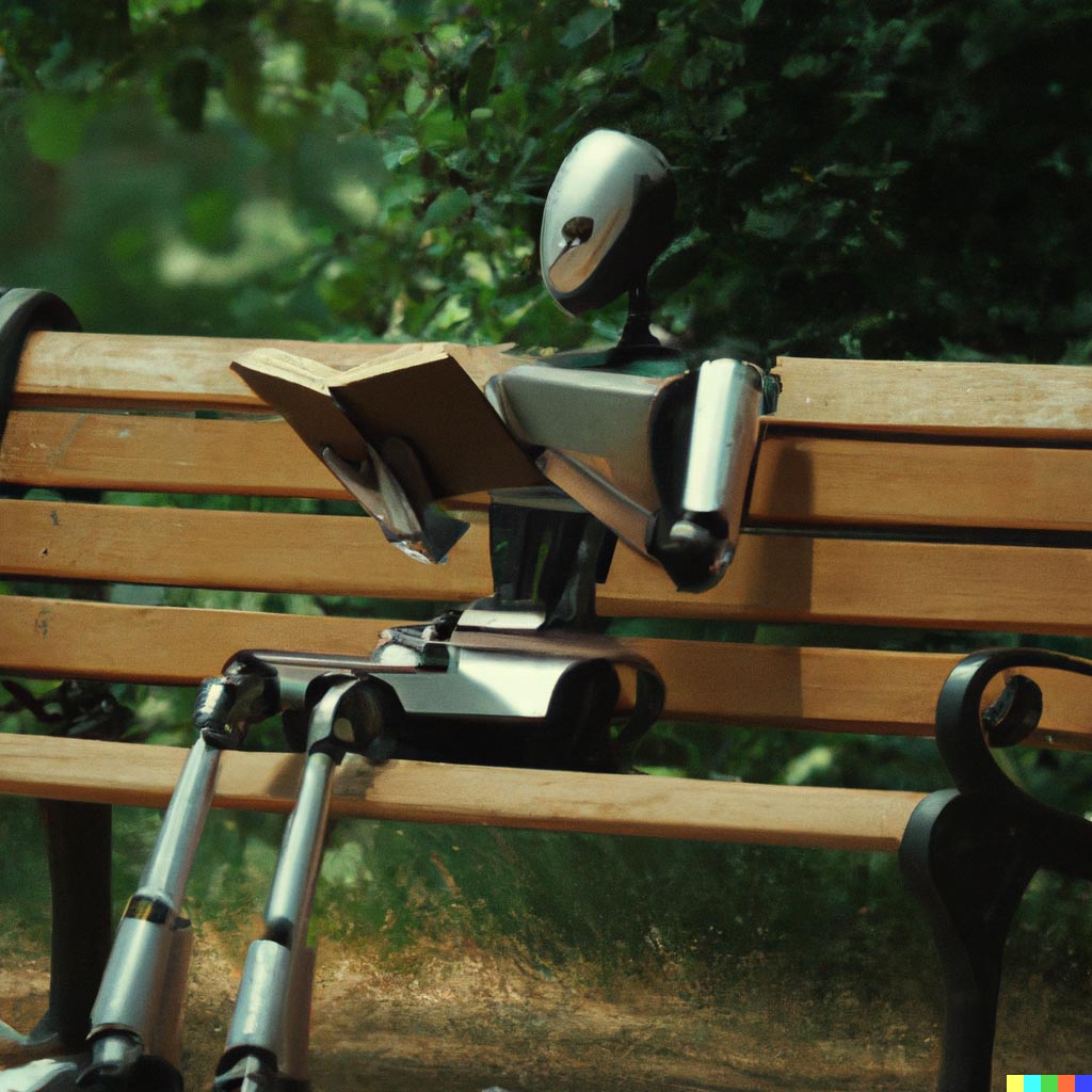 DALL·E prompt: A robot sitting on a bench reading a book, Film still from La La Land (2016)